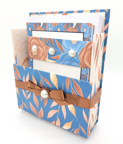 42-Pc Stationery Gift Box Set w/Reusable Desktop Organizer Box and Gold Pen - Autumn Leaves on Blue - Chic Brico