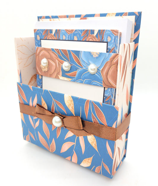 42-Pc Stationery Gift Box Set w/Reusable Desktop Organizer Box and Gold Pen - Autumn Leaves on Blue - Chic Brico