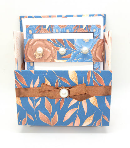 42-Pc Stationery Gift Box Set w/Reusable Desktop Organizer Box and Gold Pen - Autumn Leaves on Blue - Chic Brico