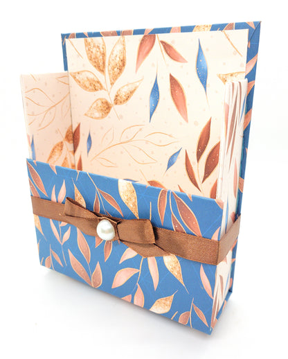 42-Pc Stationery Gift Box Set w/Reusable Desktop Organizer Box and Gold Pen - Autumn Leaves on Blue - Chic Brico