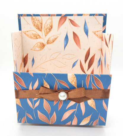 42-Pc Stationery Gift Box Set w/Reusable Desktop Organizer Box and Gold Pen - Autumn Leaves on Blue - Chic Brico