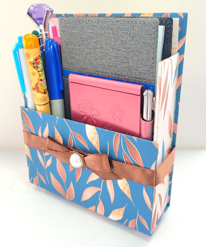 42-Pc Stationery Gift Box Set w/Reusable Desktop Organizer Box and Gold Pen - Autumn Leaves on Blue - Chic Brico