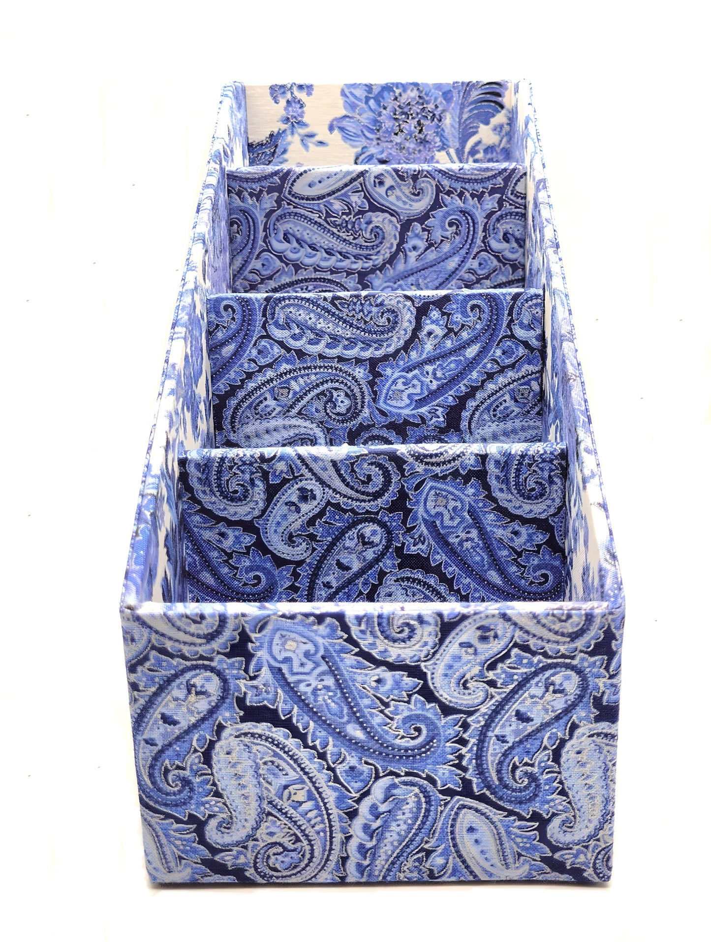 Fabric-Covered Divided Storage Tiered Organizer Box for Desktop or Tabletop - Blue, White and Silver Paisley - Chic Brico