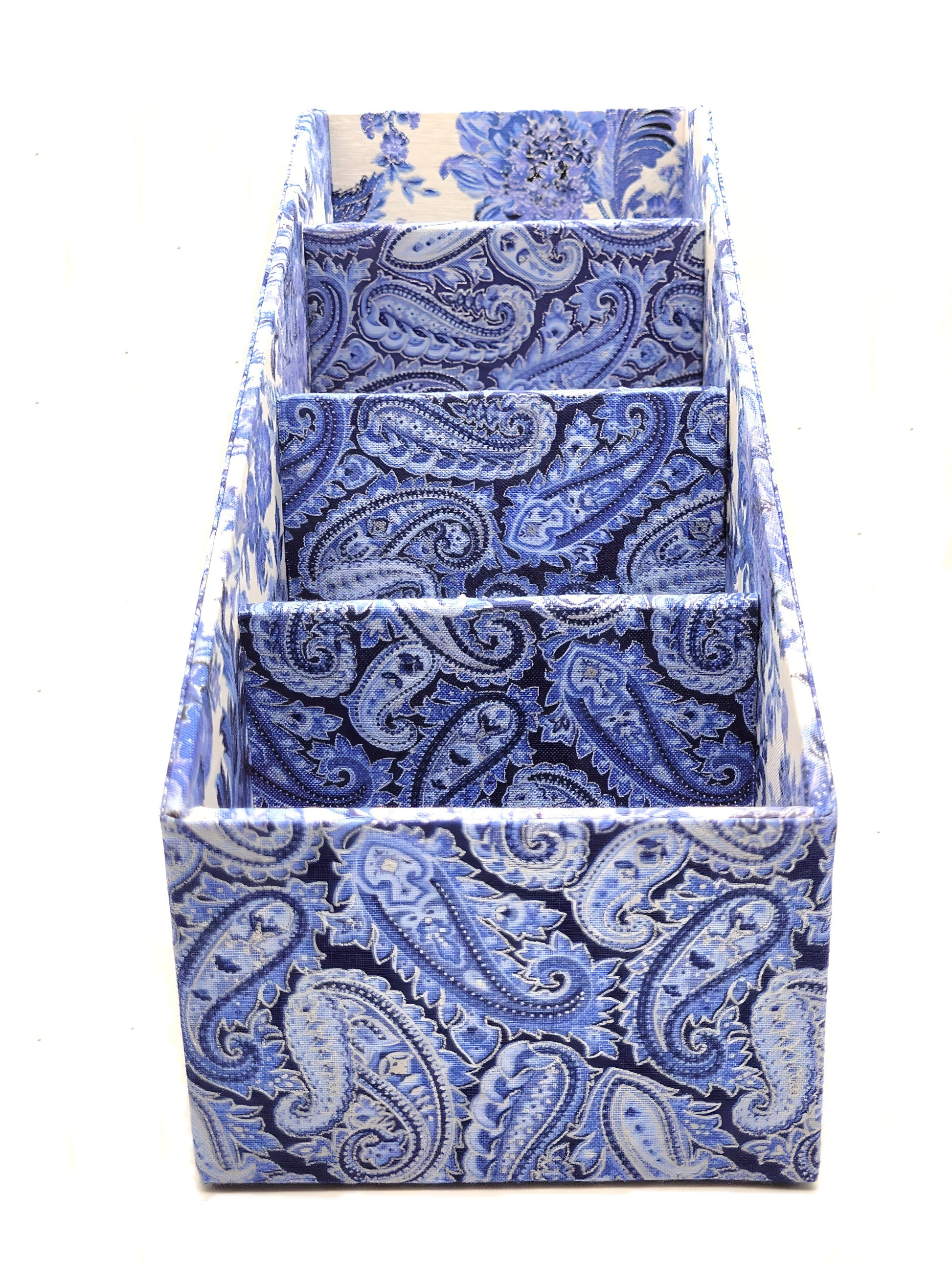 Fabric-Covered Divided Storage Tiered Organizer Box for Desktop or Tabletop - Blue, White and Silver Paisley - Chic Brico