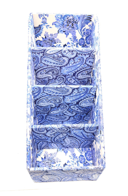 Fabric-Covered Divided Storage Tiered Organizer Box for Desktop or Tabletop - Blue, White and Silver Paisley - Chic Brico