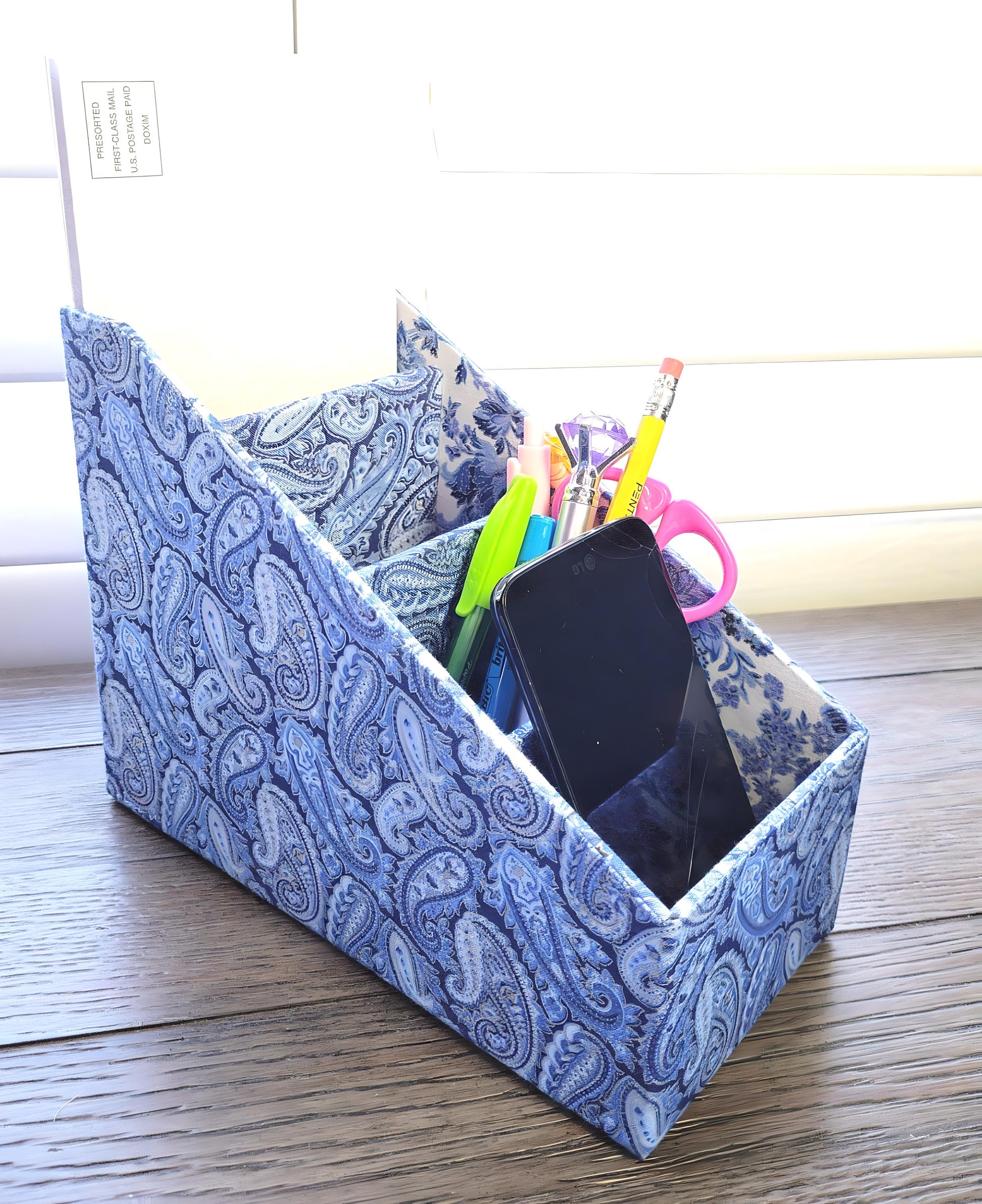 Fabric-Covered Divided Storage Tiered Organizer Box for Desktop or Tabletop - Blue, White and Silver Paisley - Chic Brico