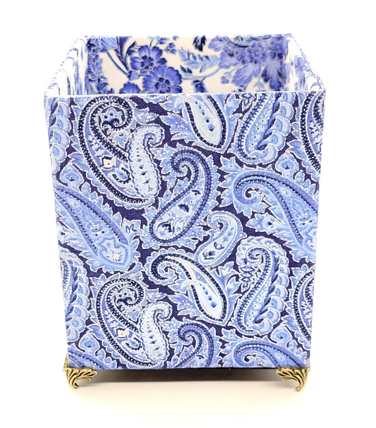 Fabric-Covered Pen Pencil Cosmetics Brushes Holder, Desktop Organizer, Blue, White and Silver Paisley - Chic Brico