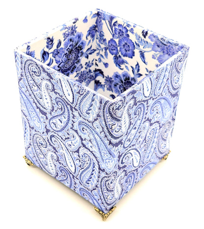 Fabric-Covered Pen Pencil Cosmetics Brushes Holder, Desktop Organizer, Blue, White and Silver Paisley - Chic Brico