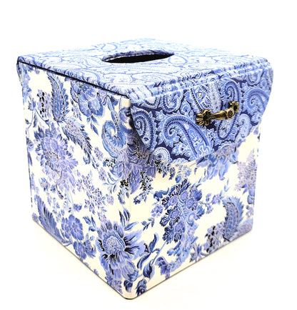 Fabric Covered Tissue Box Holder, Elegant Home, Bath or Bedroom Decor, Delft Blue, White and Silver Paisley - Chic Brico