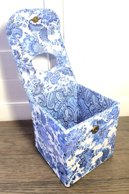 Fabric Covered Tissue Box Holder, Elegant Home, Bath or Bedroom Decor, Delft Blue, White and Silver Paisley - Chic Brico