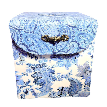 Fabric Covered Tissue Box Holder, Elegant Home, Bath or Bedroom Decor, Delft Blue, White and Silver Paisley - Chic Brico