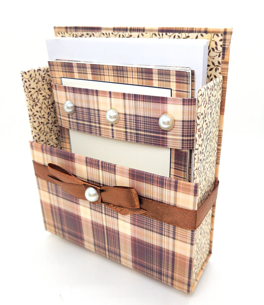 42-Pc Stationery For Him Gift Box Set w/Reusable Desktop Organizer Box and Gold Pen - Brown Plaid - Chic Brico