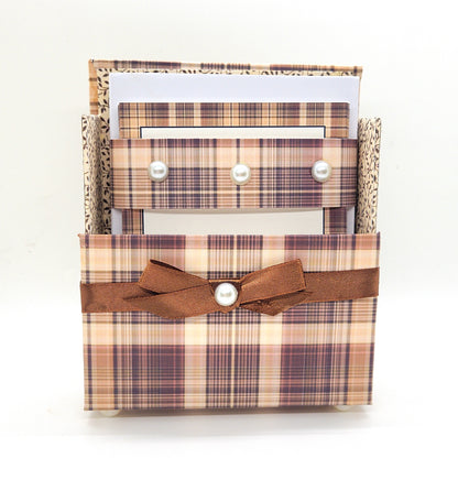 42-Pc Stationery For Him Gift Box Set w/Reusable Desktop Organizer Box and Gold Pen - Brown Plaid - Chic Brico