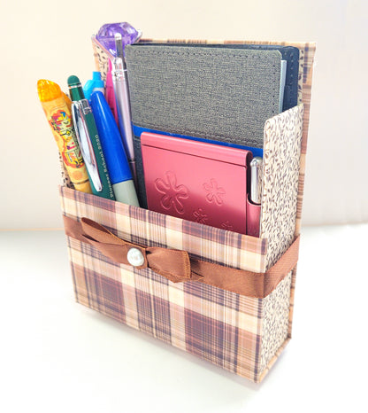 42-Pc Stationery For Him Gift Box Set w/Reusable Desktop Organizer Box and Gold Pen - Brown Plaid - Chic Brico