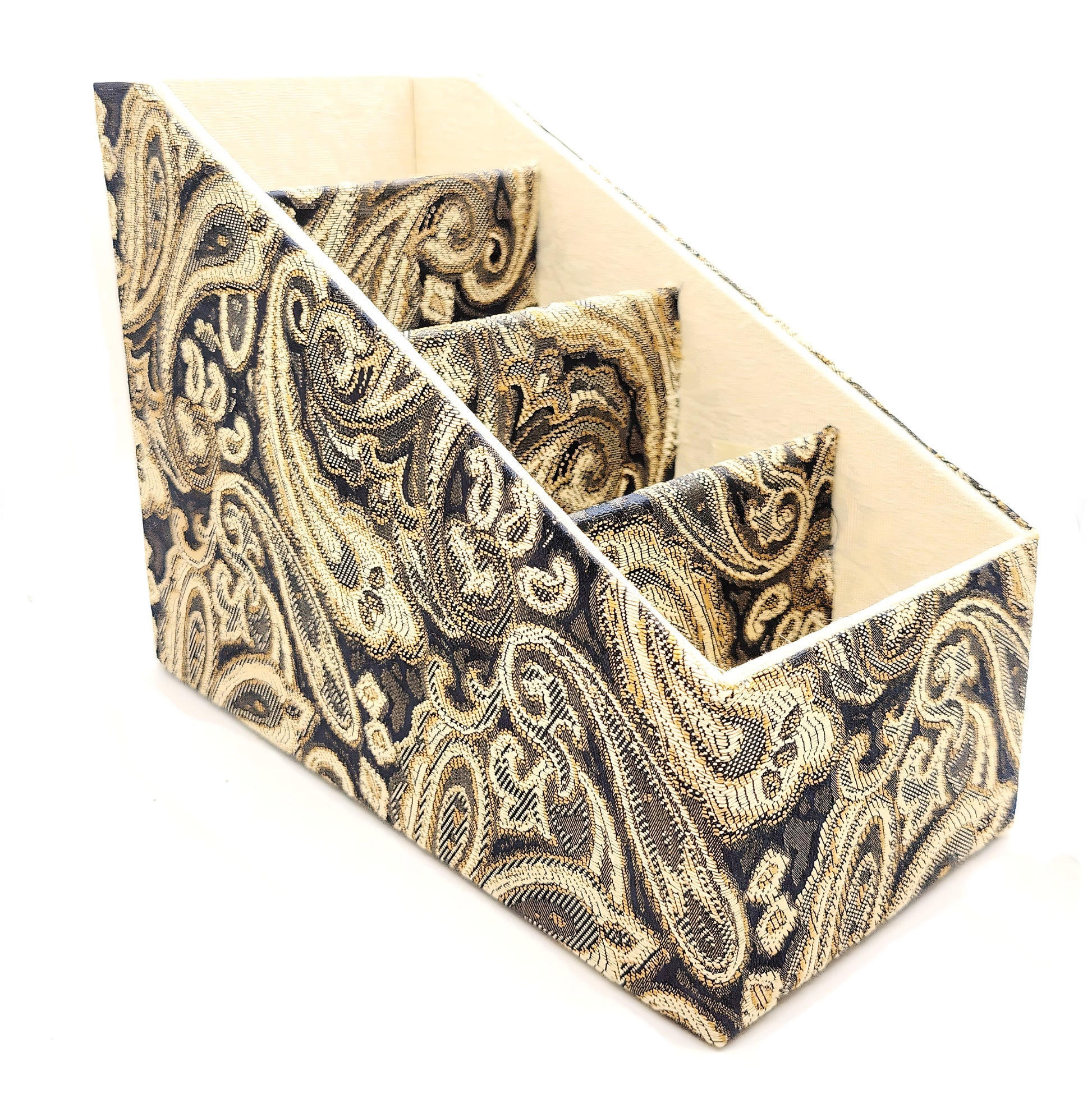 Fabric-Covered Divided Storage Tiered Organizer Box for Desktop or Tabletop - Brown, Gold and Ivory Paisley Tapestry - Chic Brico