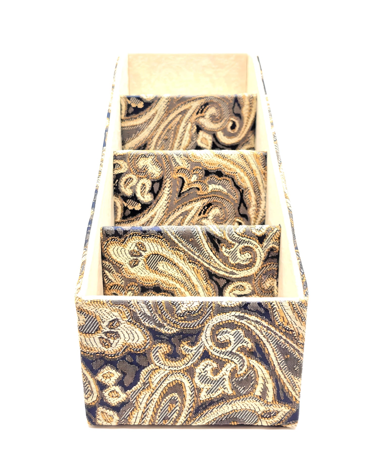 Fabric-Covered Divided Storage Tiered Organizer Box for Desktop or Tabletop - Brown, Gold and Ivory Paisley Tapestry - Chic Brico