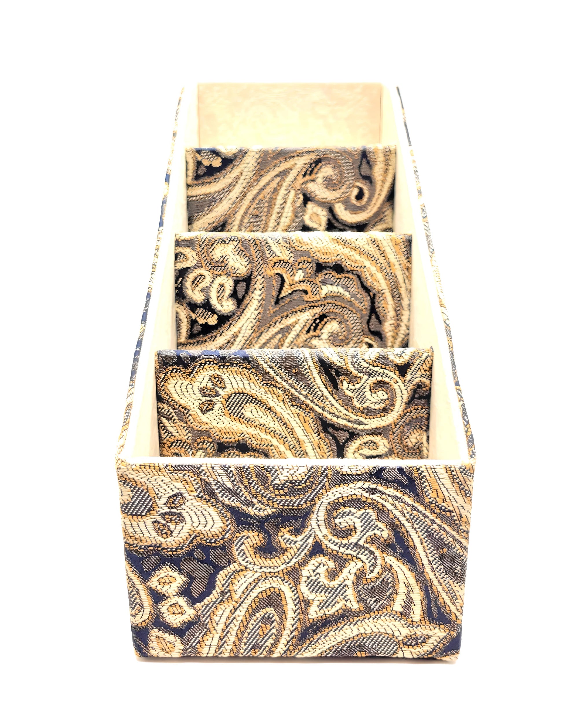 Fabric-Covered Divided Storage Tiered Organizer Box for Desktop or Tabletop - Brown, Gold and Ivory Paisley Tapestry - Chic Brico