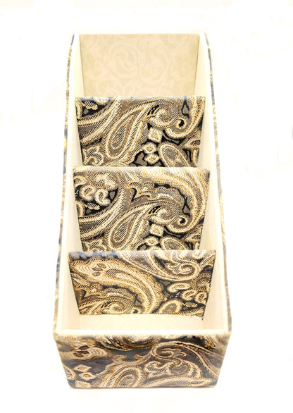 Fabric-Covered Divided Storage Tiered Organizer Box for Desktop or Tabletop - Brown, Gold and Ivory Paisley Tapestry - Chic Brico