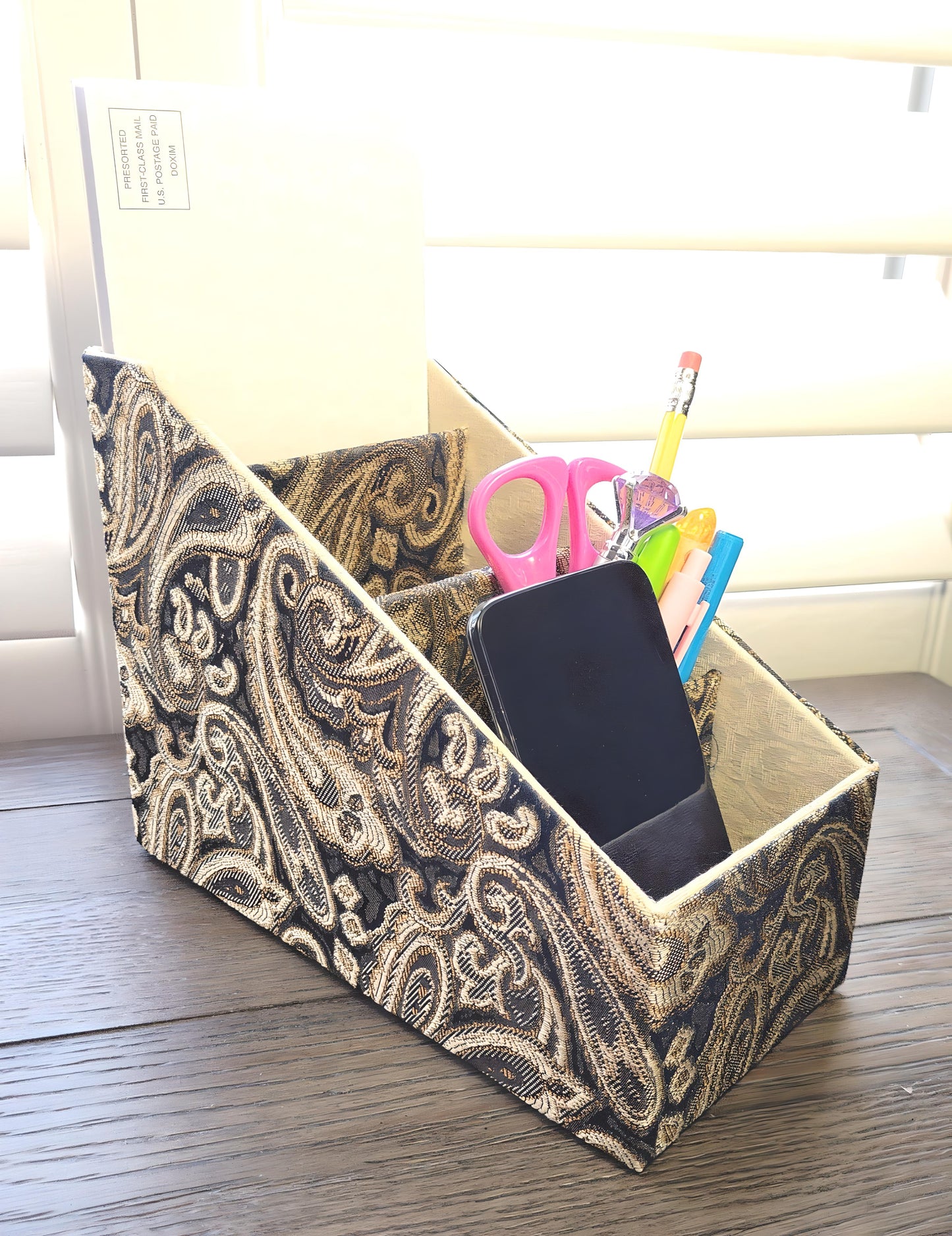 Fabric-Covered Divided Storage Tiered Organizer Box for Desktop or Tabletop - Brown, Gold and Ivory Paisley Tapestry - Chic Brico