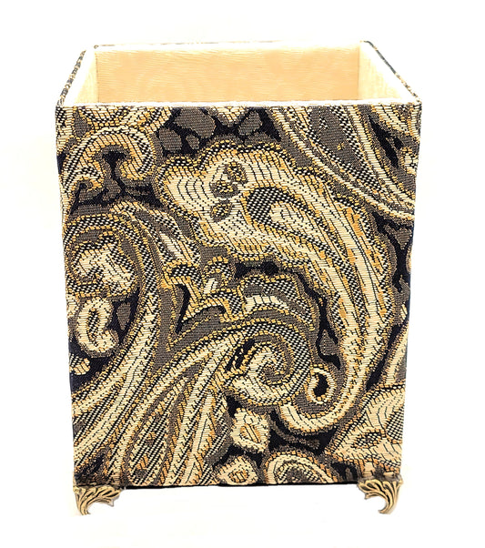 Fabric-Covered Pen Pencil Cosmetics Brushes Holder, Desktop Organizer, Black, Gold and Ivory Tapestry - Chic Brico