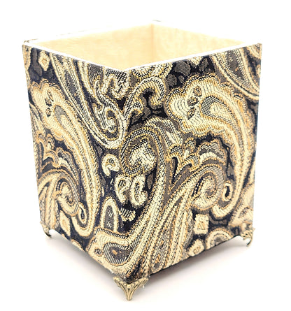 Fabric-Covered Pen Pencil Cosmetics Brushes Holder, Desktop Organizer, Black, Gold and Ivory Tapestry - Chic Brico