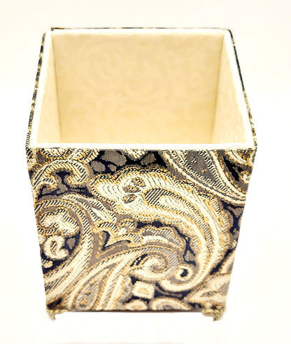 Fabric-Covered Pen Pencil Cosmetics Brushes Holder, Desktop Organizer, Black, Gold and Ivory Tapestry - Chic Brico