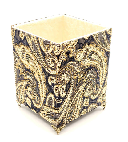 Fabric-Covered Pen Pencil Cosmetics Brushes Holder, Desktop Organizer, Black, Gold and Ivory Tapestry - Chic Brico