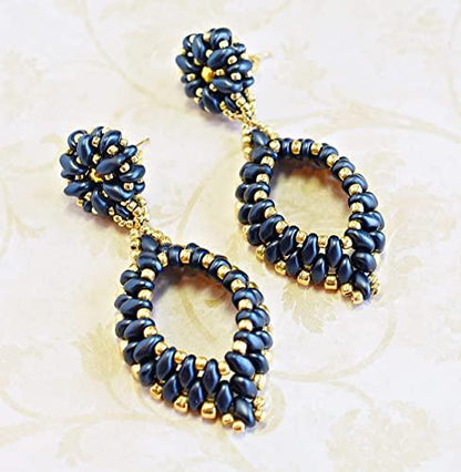 Navy Blue and Gold Two-Layer Oval Hoop Drop Earrings - Chic Brico