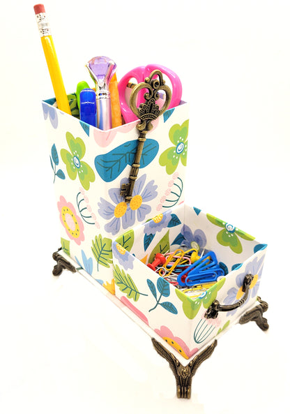 Office Desktop Organizer for Pens and Clips w/Antique Key Accent - Cartoon Flowers - Chic Brico