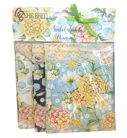 Pearls & Lace Chamomile Scented Drawer, Closet & Car Sachets, Large Size 4" x 5", 3-Pack - Chic Brico