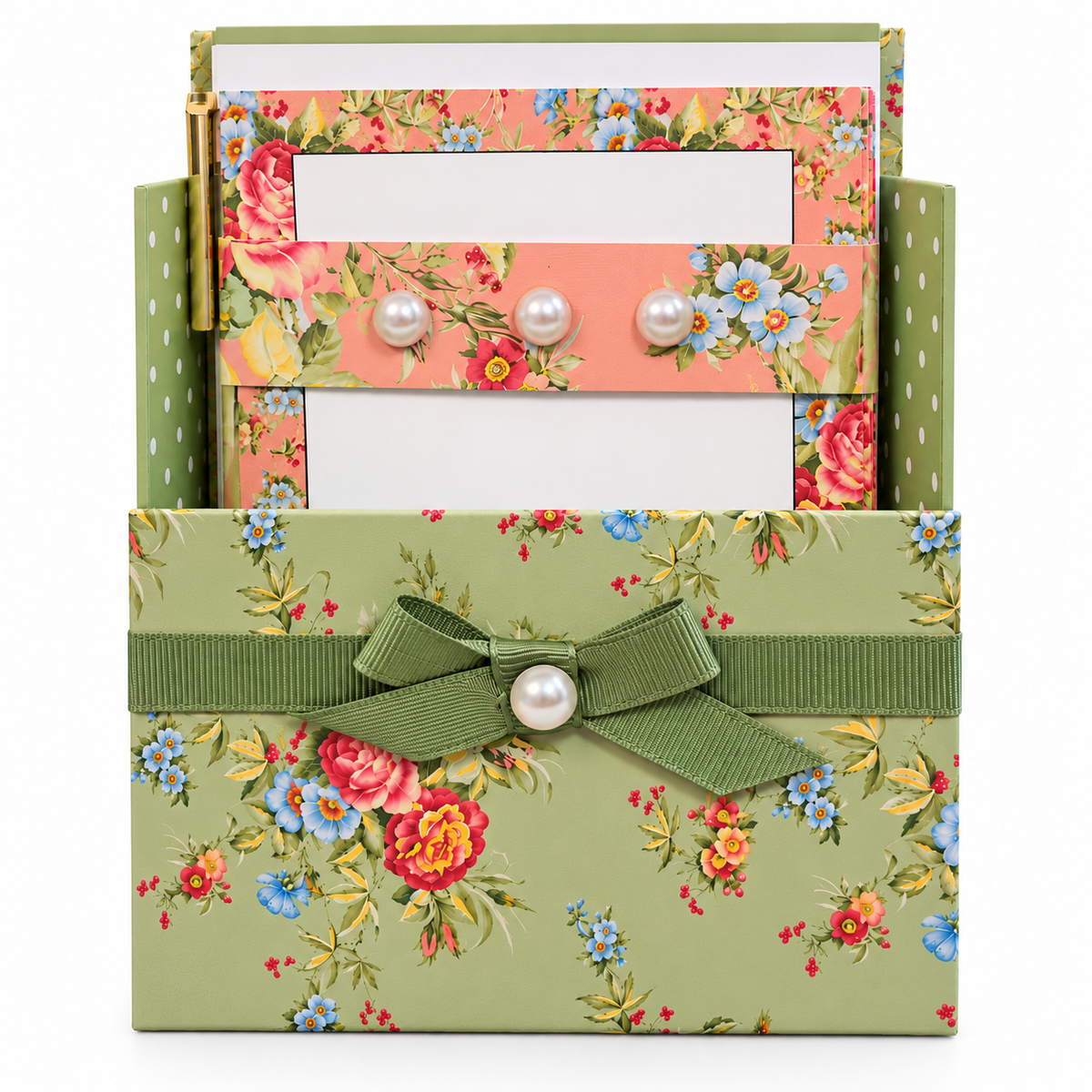 Sage & Coral Garden Boxed Stationery Set - 20 Notecards, 20 Envelopes & Gold Pen
