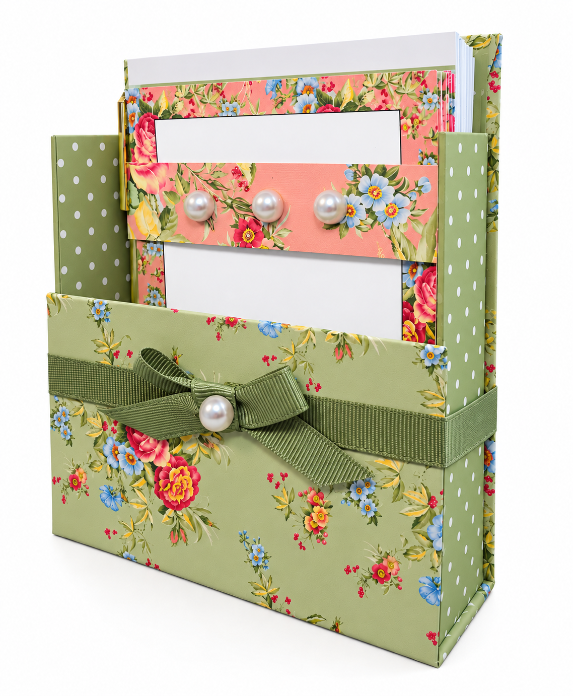 Sage & Coral Garden Boxed Stationery Set - 20 Notecards, 20 Envelopes & Gold Pen
