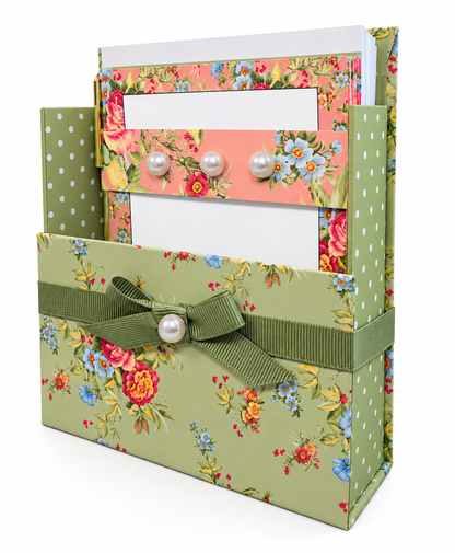 Sage & Coral Garden Boxed Stationery Set - 20 Notecards, 20 Envelopes & Gold Pen