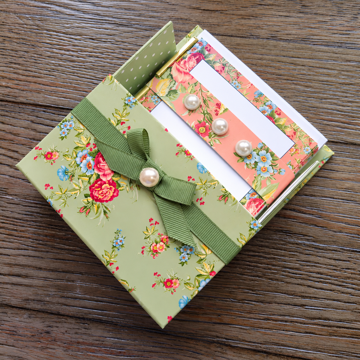 Sage & Coral Garden Boxed Stationery Set - 20 Notecards, 20 Envelopes & Gold Pen