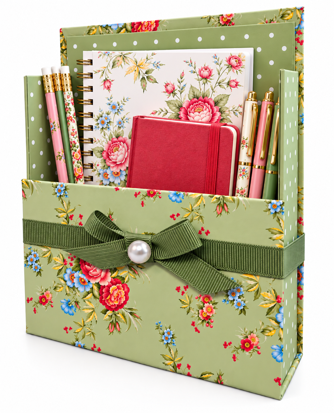 Sage & Coral Garden Boxed Stationery Set - 20 Notecards, 20 Envelopes & Gold Pen