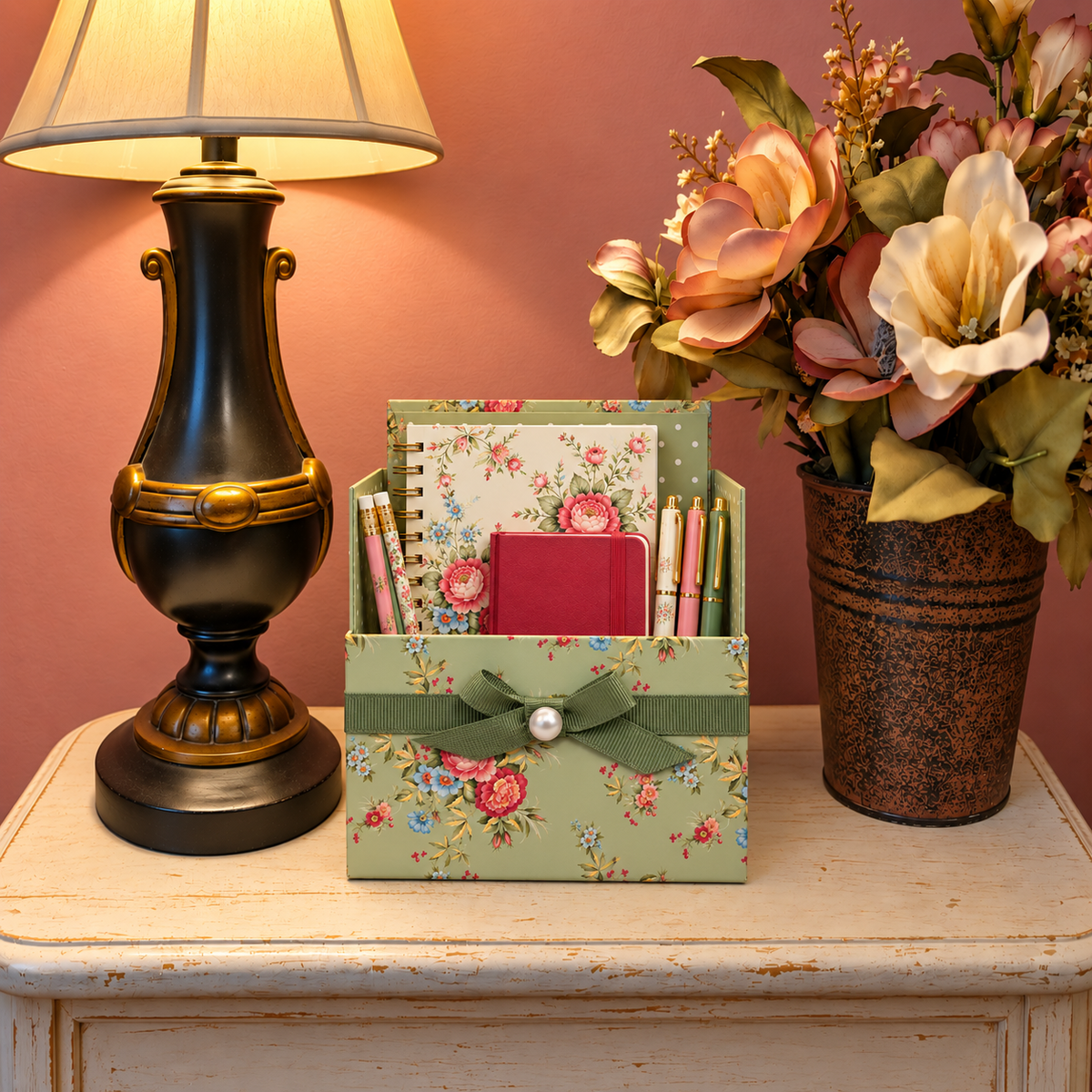Sage & Coral Garden Boxed Stationery Set - 20 Notecards, 20 Envelopes & Gold Pen