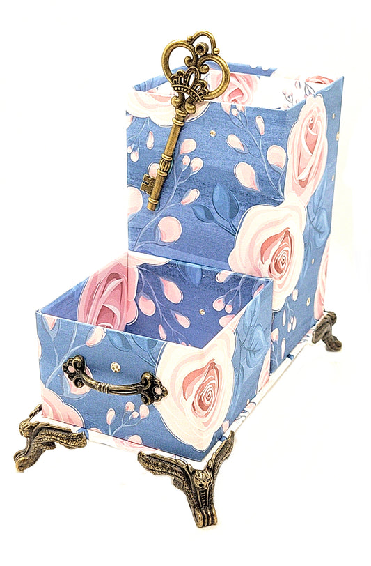 Office Desktop Organizer for Pens and Clips w/Antique Key Accent - Pink Roses on Blue - Chic Brico
