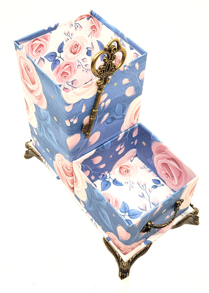 Office Desktop Organizer for Pens and Clips w/Antique Key Accent - Pink Roses on Blue - Chic Brico