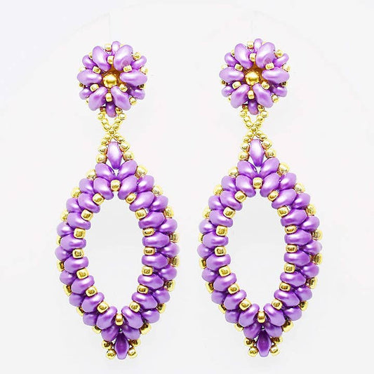 Lilac and Gold Two-Layer Oval Hoop Drop Earrings - Chic Brico