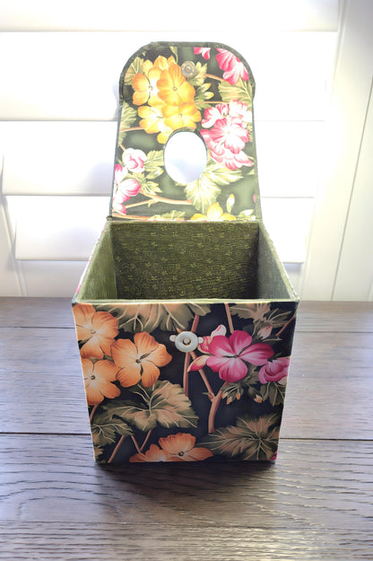 Fabric Covered Tissue Box Holder, Elegant Home, Bath or Bedroom Decor, Dark Olive Green and Vivid Jungle Flowers - Chic Brico