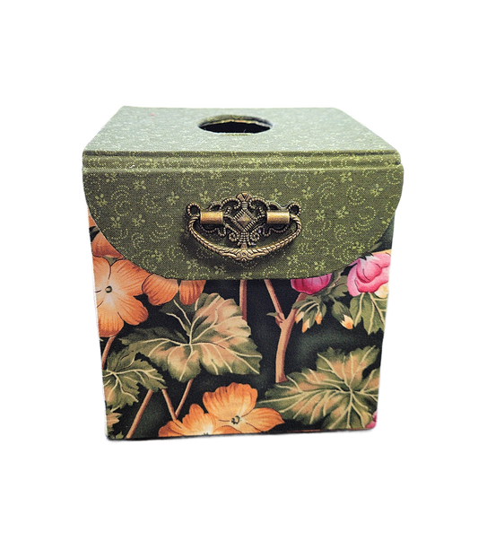 Fabric Covered Tissue Box Holder, Elegant Home, Bath or Bedroom Decor, Dark Olive Green and Vivid Jungle Flowers - Chic Brico