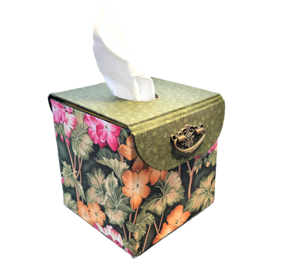 Fabric Covered Tissue Box Holder, Elegant Home, Bath or Bedroom Decor, Dark Olive Green and Vivid Jungle Flowers - Chic Brico