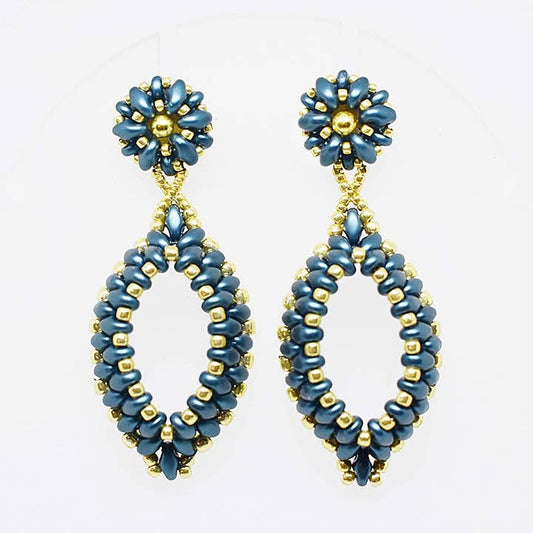Dark Teal Blue and Gold Two-Layer Oval Hoop Drop Earrings - Chic Brico