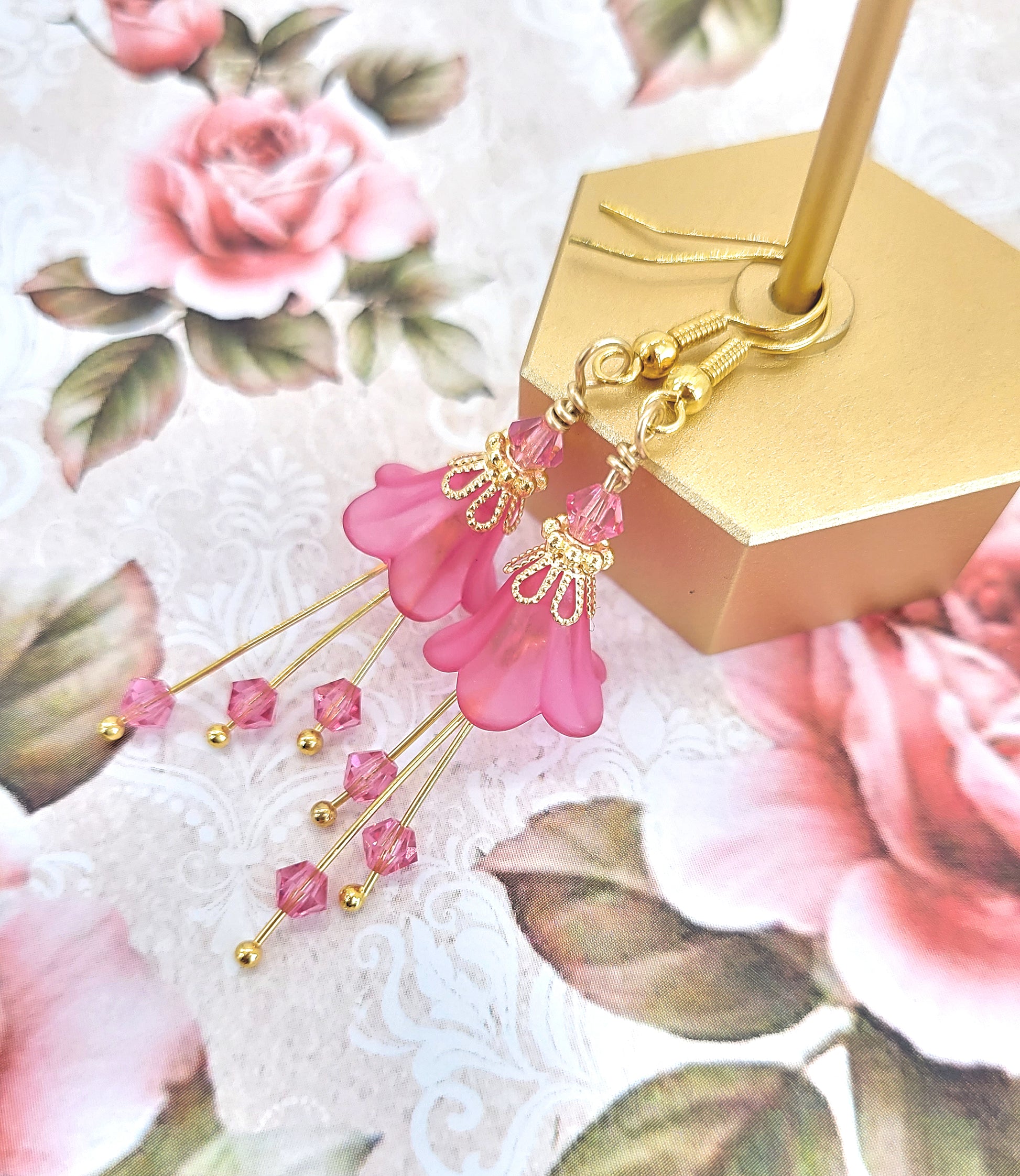 Deep Fuchsia Pink and Gold Bell Flower Earrings - Chic Brico