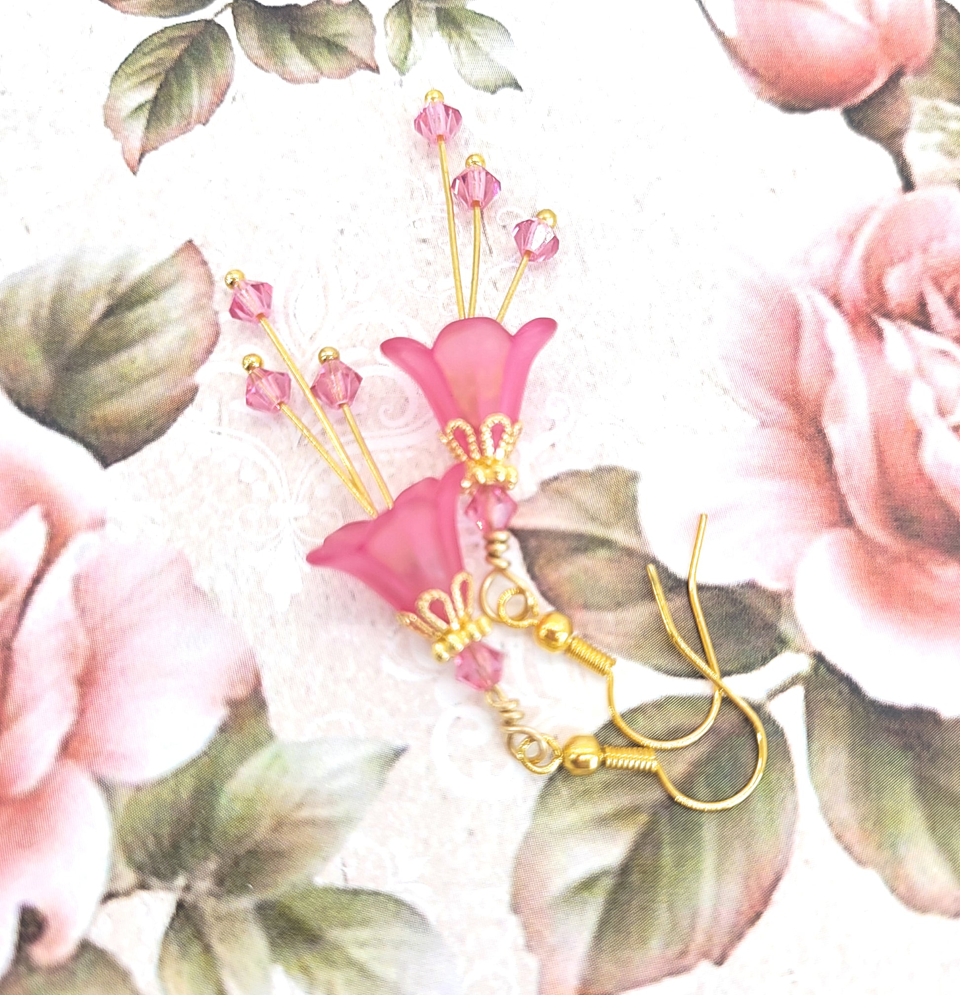 Deep Fuchsia Pink and Gold Bell Flower Earrings - Chic Brico