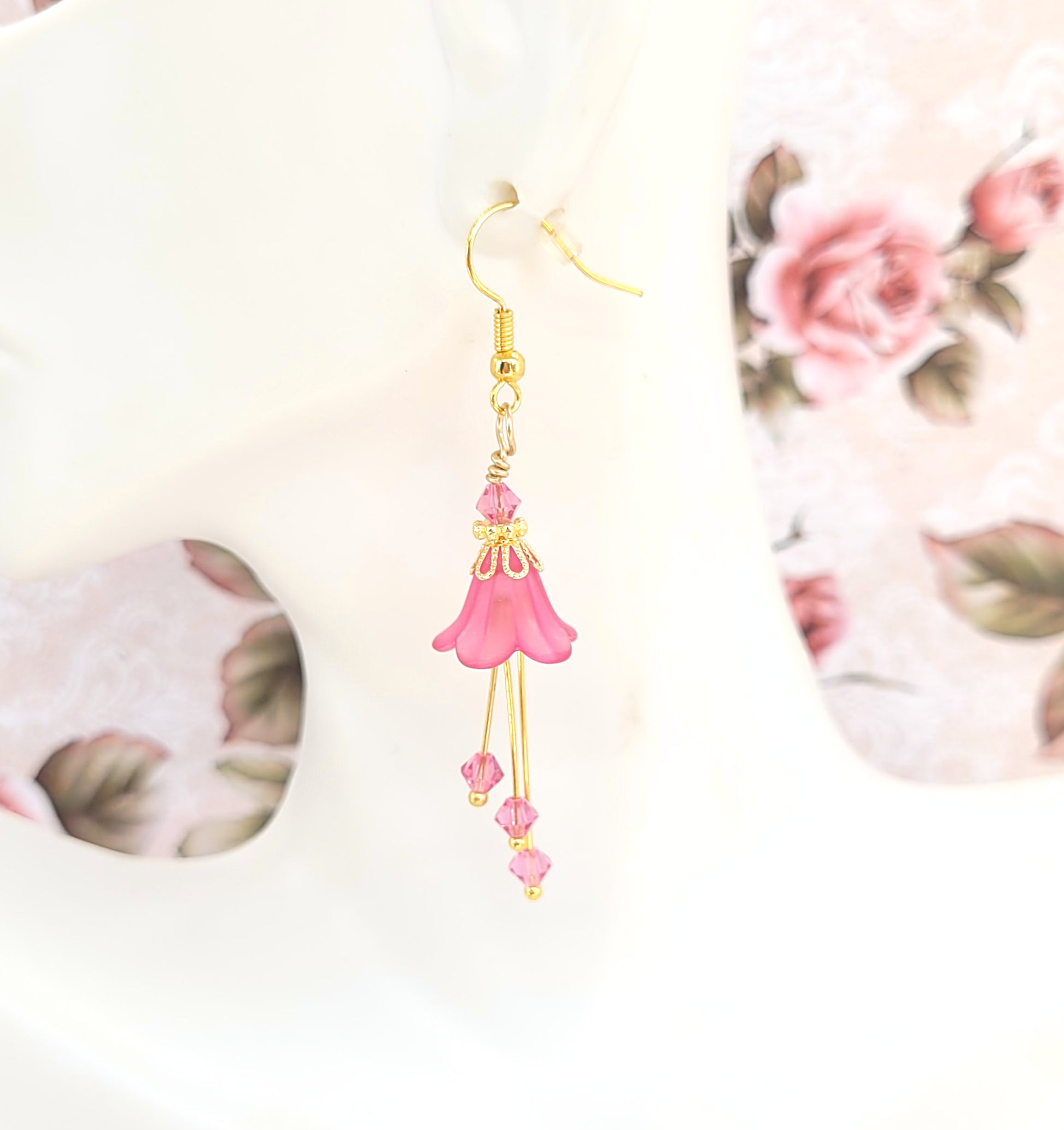 Deep Fuchsia Pink and Gold Bell Flower Earrings - Chic Brico