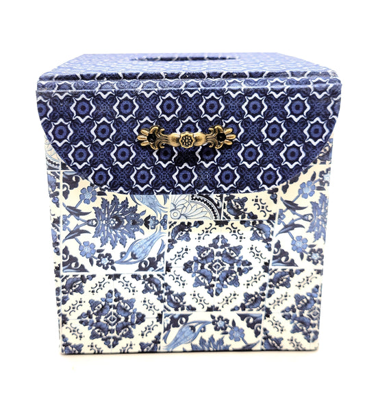 Fabric Covered Tissue Box Holder, Elegant Home, Bath or Bedroom Decor, White and Delft Style Blue Tiles - Chic Brico