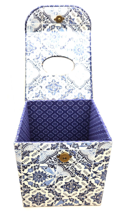Fabric Covered Tissue Box Holder, Elegant Home, Bath or Bedroom Decor, White and Delft Style Blue Tiles - Chic Brico