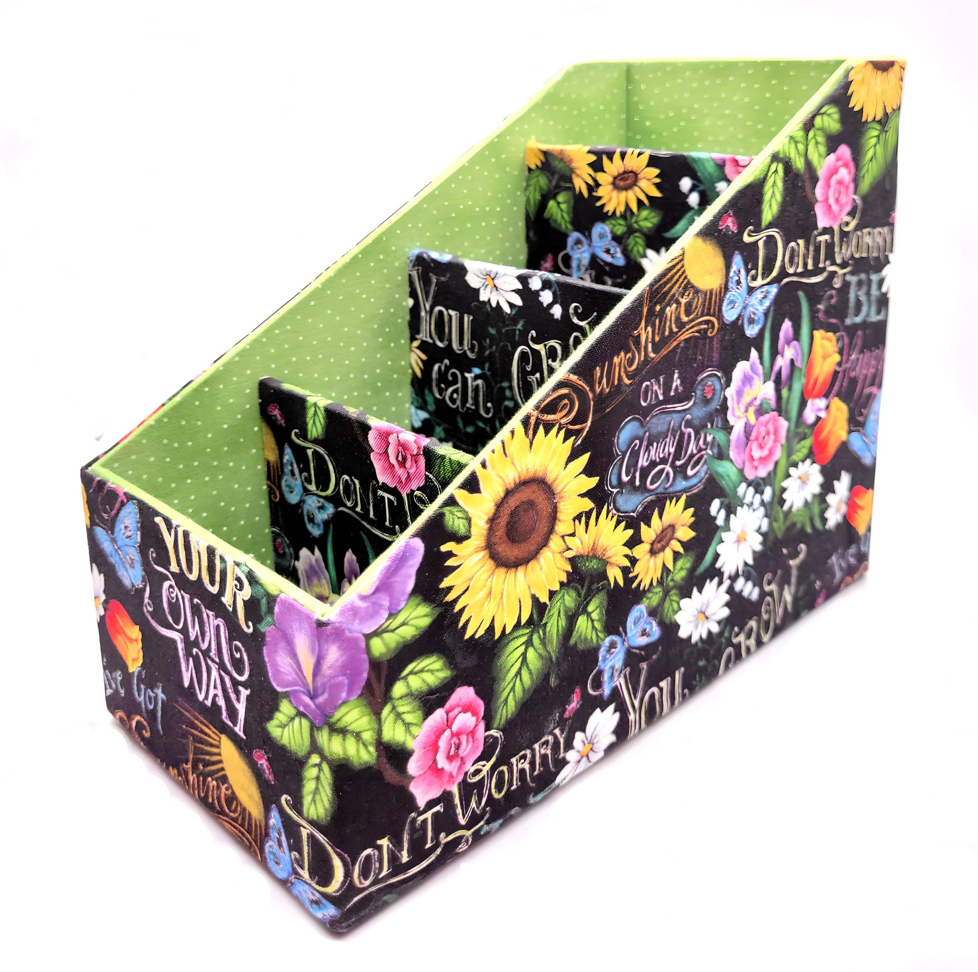 Fabric-Covered Divided Storage Tiered Organizer Box for Desktop or Tabletop, Happy Sayings with Flowers - Chic Brico
