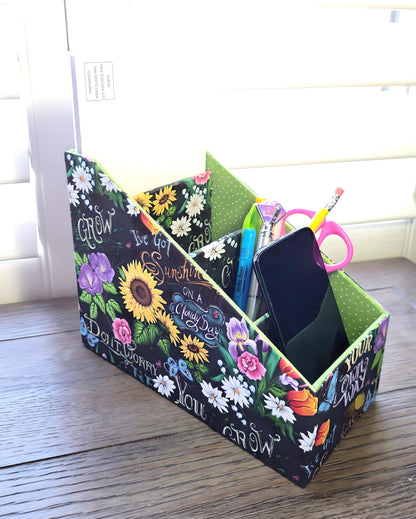 Fabric-Covered Divided Storage Tiered Organizer Box for Desktop or Tabletop, Happy Sayings with Flowers - Chic Brico